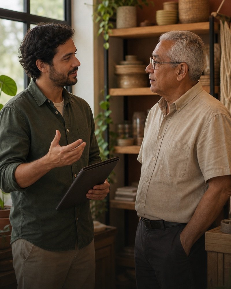 Vendedor mais jovem e comprador com mais de 60 anos em uma negociação