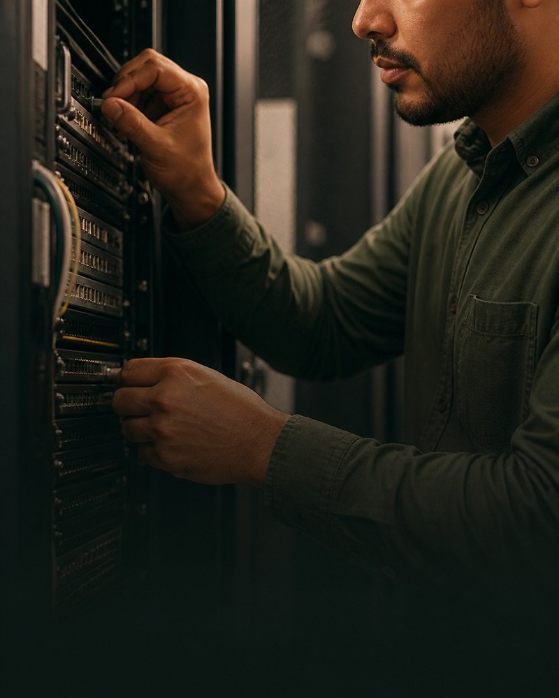 Profissional inspecionando equipamentos de telecomunicações